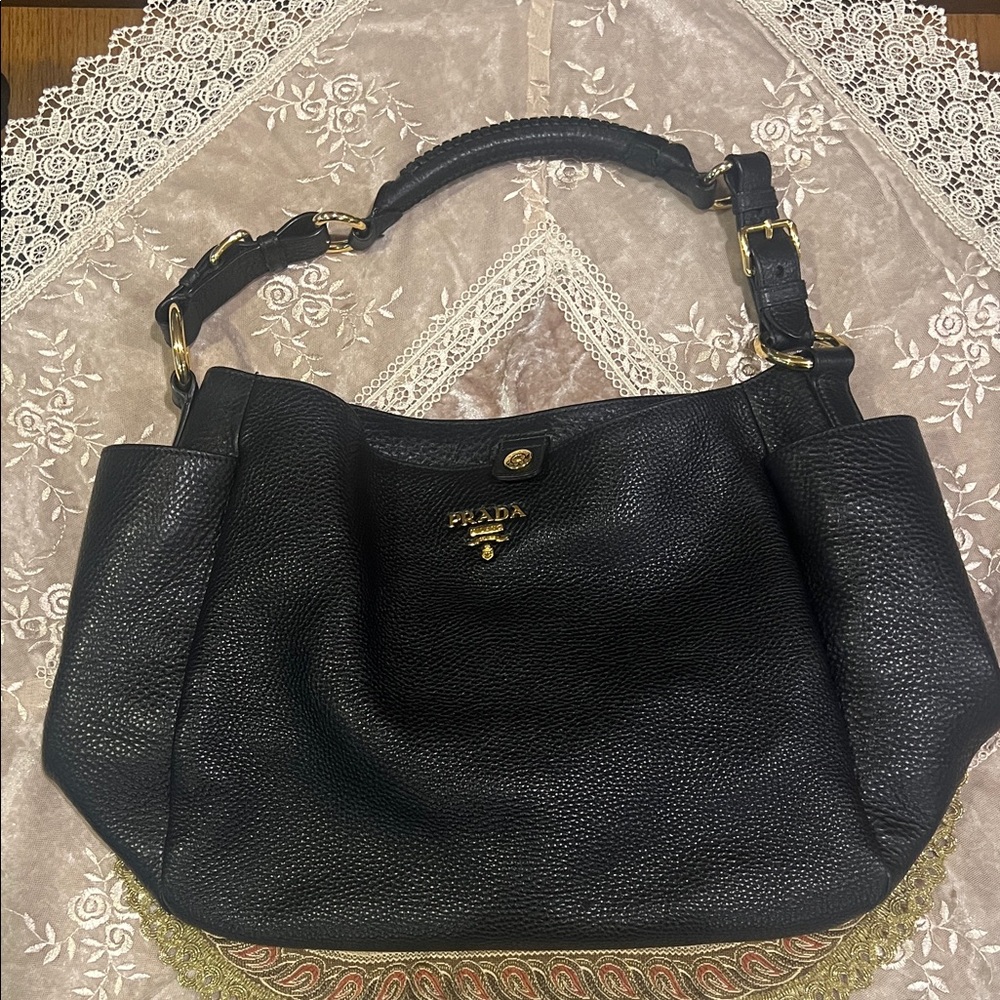 Prada Leather Black Shoulder Bag with Gold Details